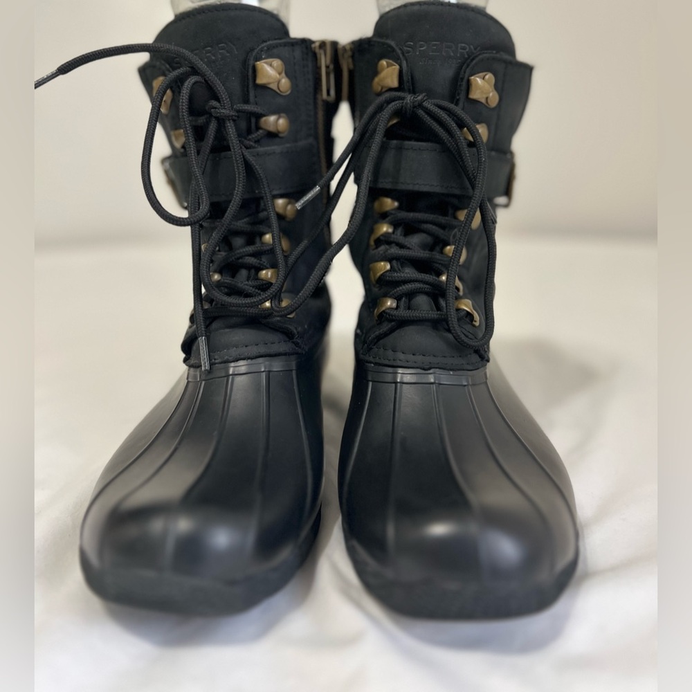 Sperry Black Duck Lace Up Side Zip Buckle Lug sole Strap Rain Snow Boots